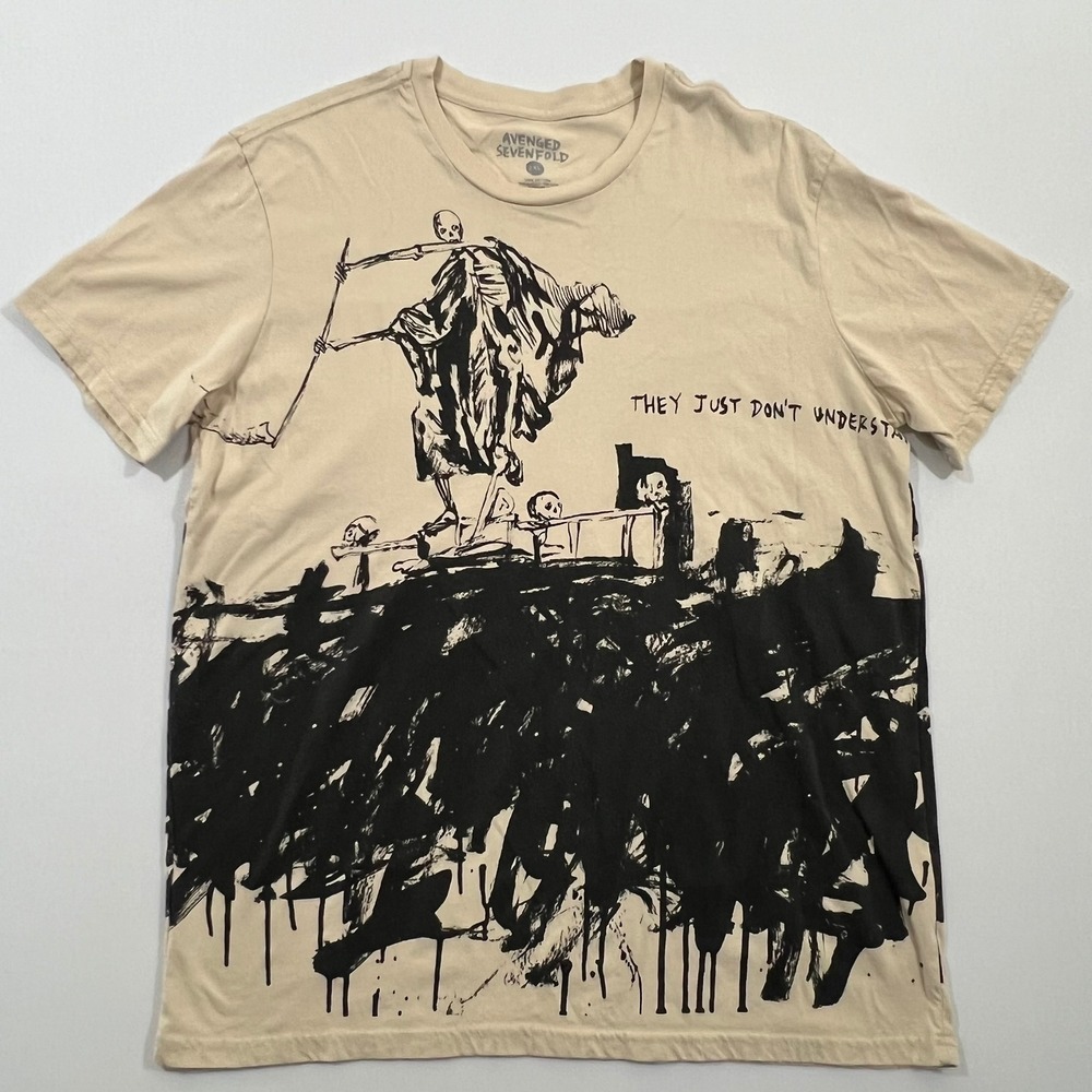 Avenged Sevenfold A7X Tour Shirt 2023 Reaper Graphic Beige Tan Mens 2XL Fits XL‎